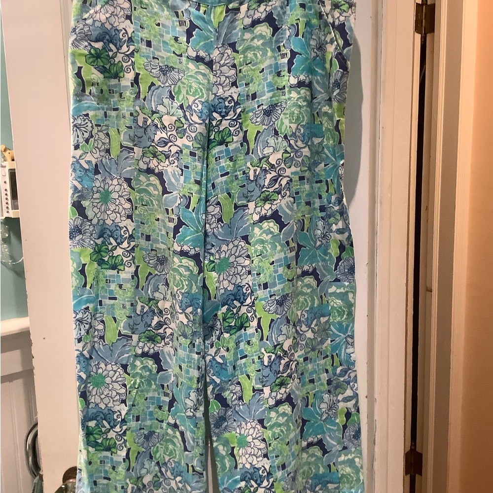 Vintage Lilly Pulitzer Blue, Aqua & Green Floral Wide-Leg Pants